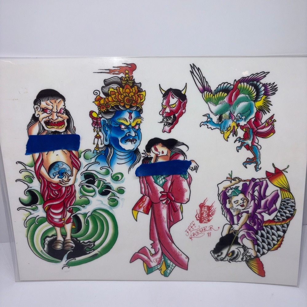 Vintage 1999 Jeff Rassier Tattoo Flash Sheet Art 11x14 Multicolor
